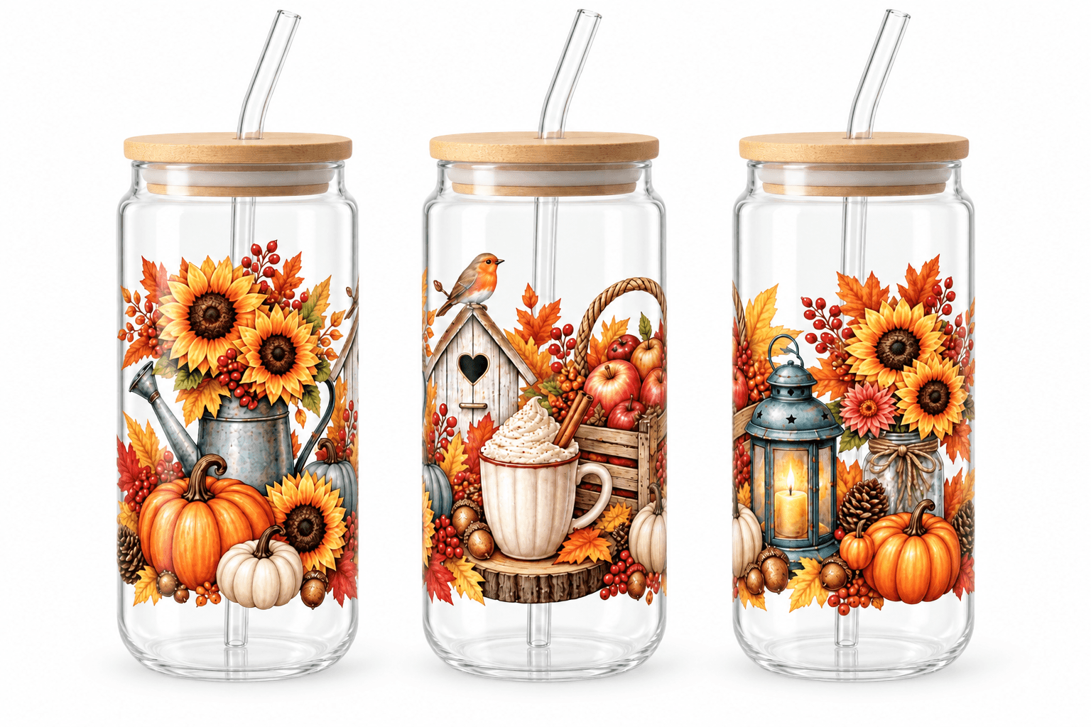 vue des trois cotés du verre avec paysage automnal, citrouilles et tournesols