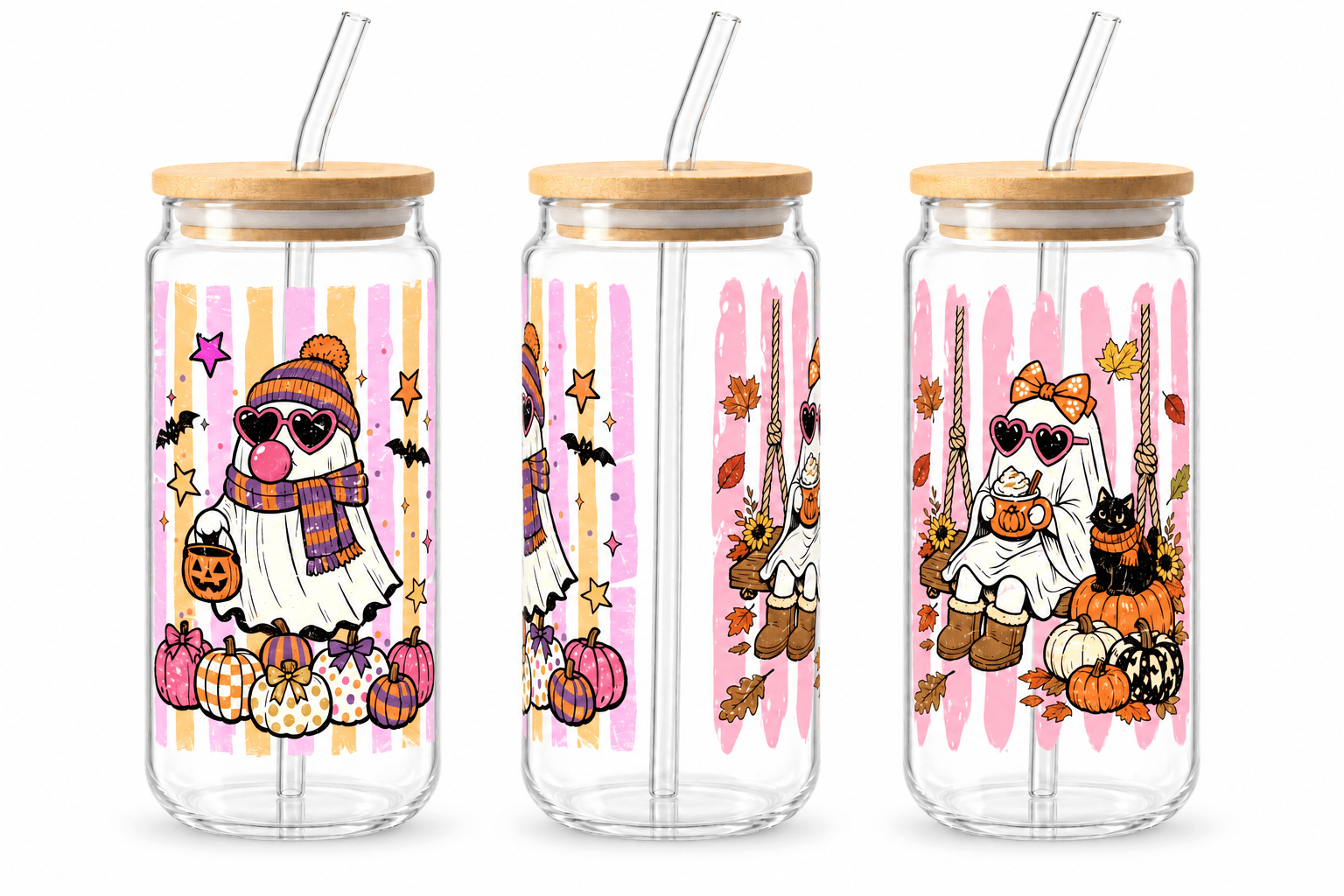 trois vues du verre poupette halloween avec citrouilles orange, noeud léopard rose, rayures jaunes, couvercles en bambou et paille