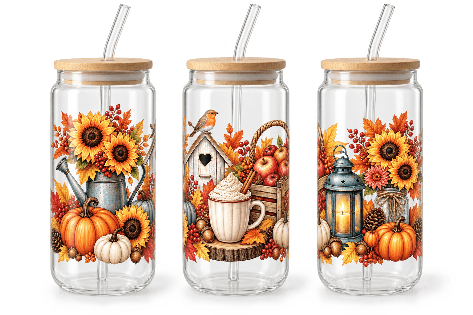 trois vues du verre poupette douceur d'automne, décoré de citrouilles, tournesols et feuilles orangées avec couvercle en bambou et paille